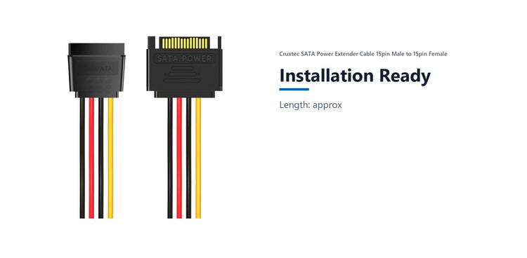 Cruxtec SATA Power Extender Cable 15pin Male to 15pin Female (20cm) installation ready detail image with verified product information