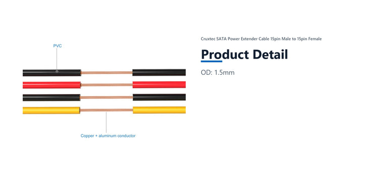 Cruxtec SATA Power Extender Cable 15pin Male to 15pin Female (20cm) product detail detail image with verified product information
