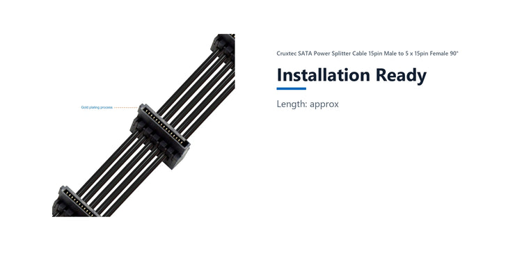 Cruxtec SATA Power Splitter Cable 15pin Male to 5 x 15pin Female 90° (40cm) installation ready detail image with verified product information