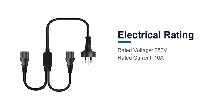 Cruxtec AU 3-Pin Male to 2 x IEC-C13 Female Y-Splitter Power Cable (1.8m) electrical rating detail image with 250V 10A product information