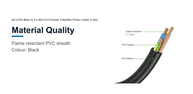 Cruxtec AU 3-Pin Male to 2 x IEC-C13 Female Y-Splitter Power Cable (1.8m) material quality detail image with black flame retardant PVC sheath
