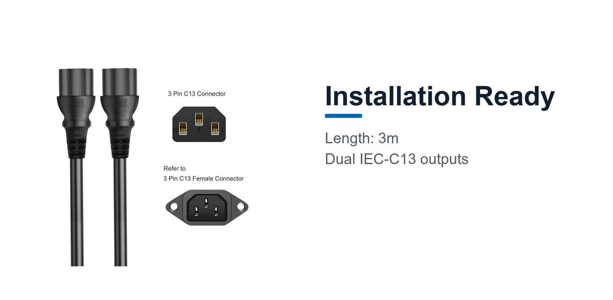 Cruxtec AU 3-Pin Male to 2 x IEC-C13 Female Y-Splitter Power Cable (3m) installation ready detail image with 3m cable length and dual IEC-C13 outputs