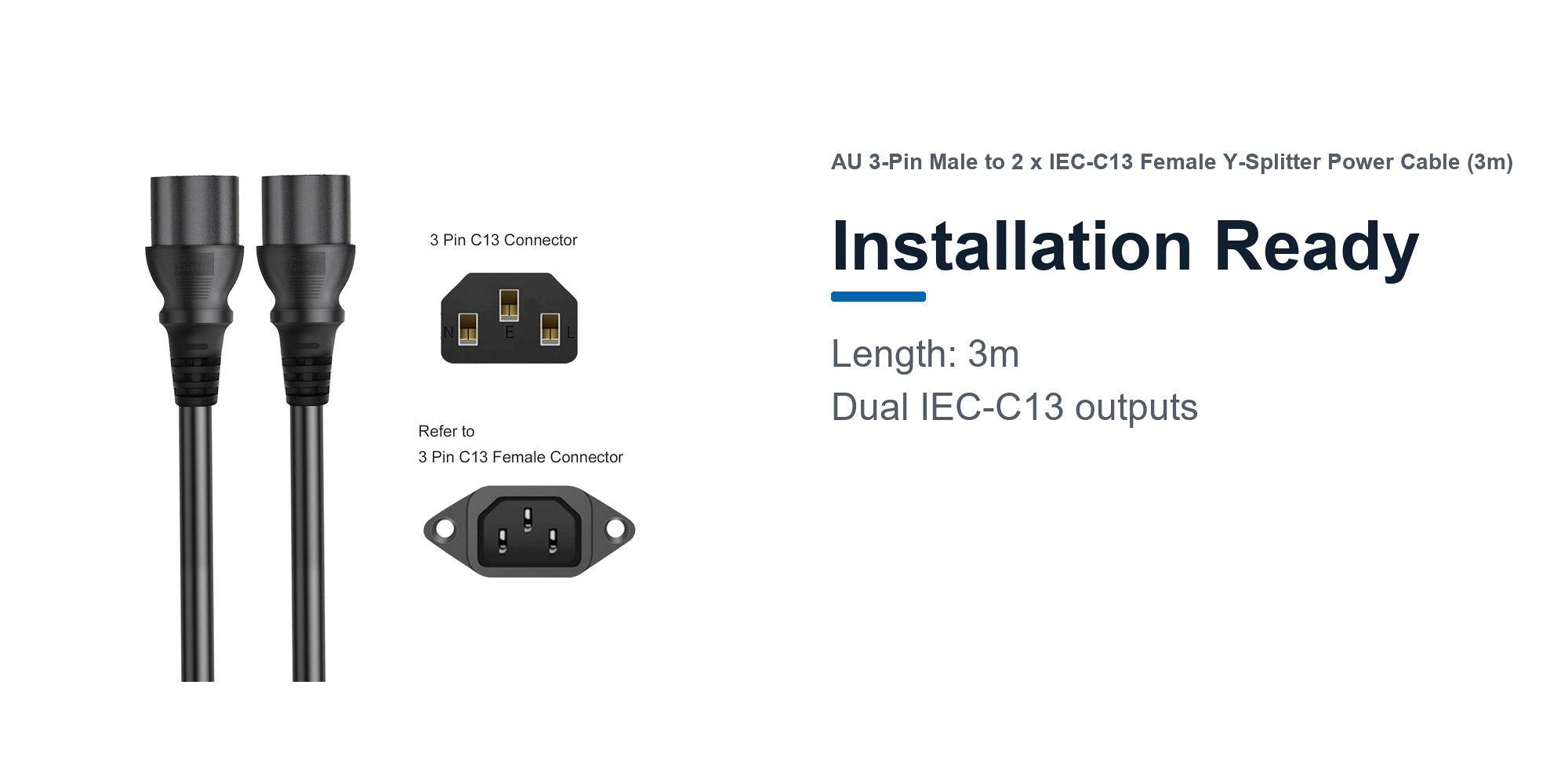 Cruxtec AU 3-Pin Male to 2 x IEC-C13 Female Y-Splitter Power Cable (3m) installation ready detail image with 3m cable length and dual IEC-C13 outputs