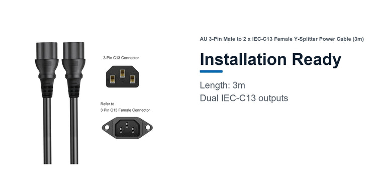 Cruxtec AU 3-Pin Male to 2 x IEC-C13 Female Y-Splitter Power Cable (3m) installation ready detail image with 3m cable length and dual IEC-C13 outputs