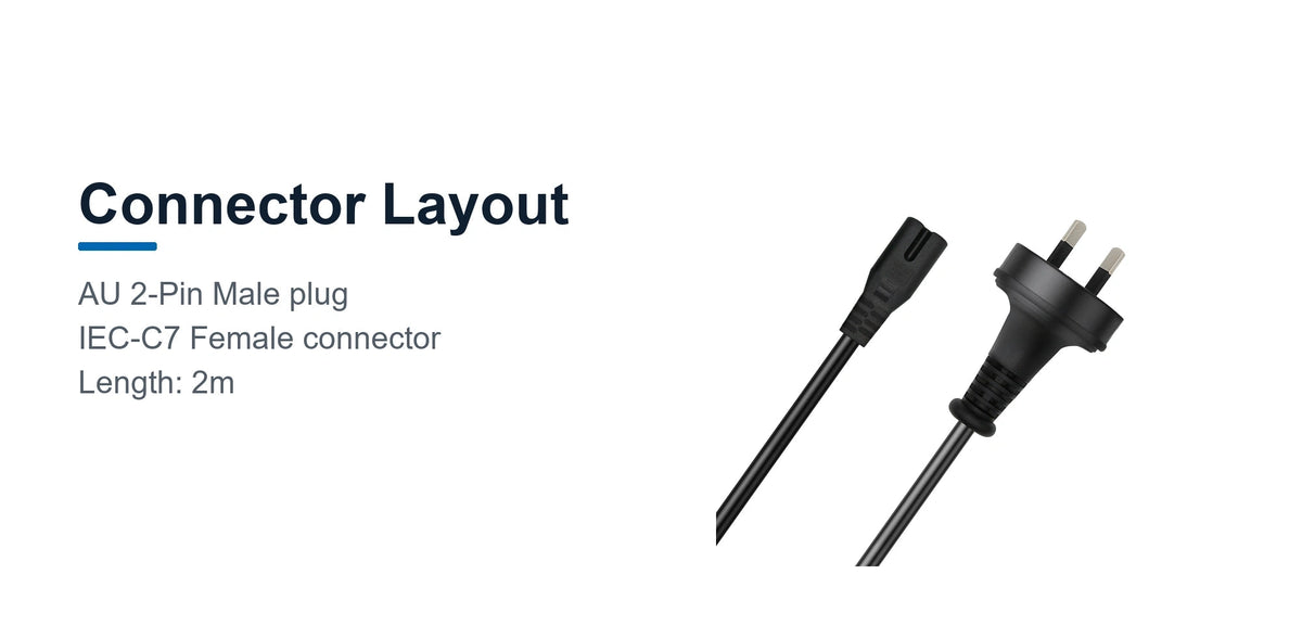 Cruxtec AU 2-Pin Male to IEC-C7 Female Power Cable (2m) connector layout detail image with AU 2-Pin and IEC-C7 female ends