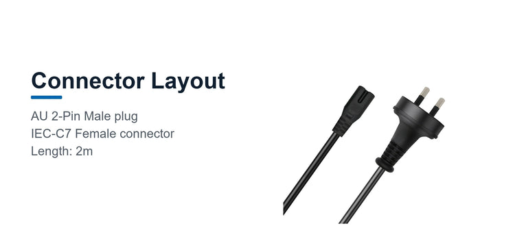Cruxtec AU 2-Pin Male to IEC-C7 Female Power Cable (2m) connector layout detail image with AU 2-Pin and IEC-C7 female ends
