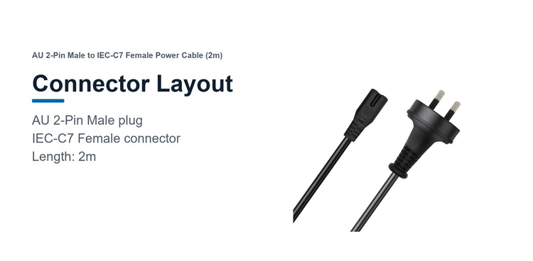 Cruxtec AU 2-Pin Male to IEC-C7 Female Power Cable (2m) connector layout detail image with AU 2-Pin and IEC-C7 female ends