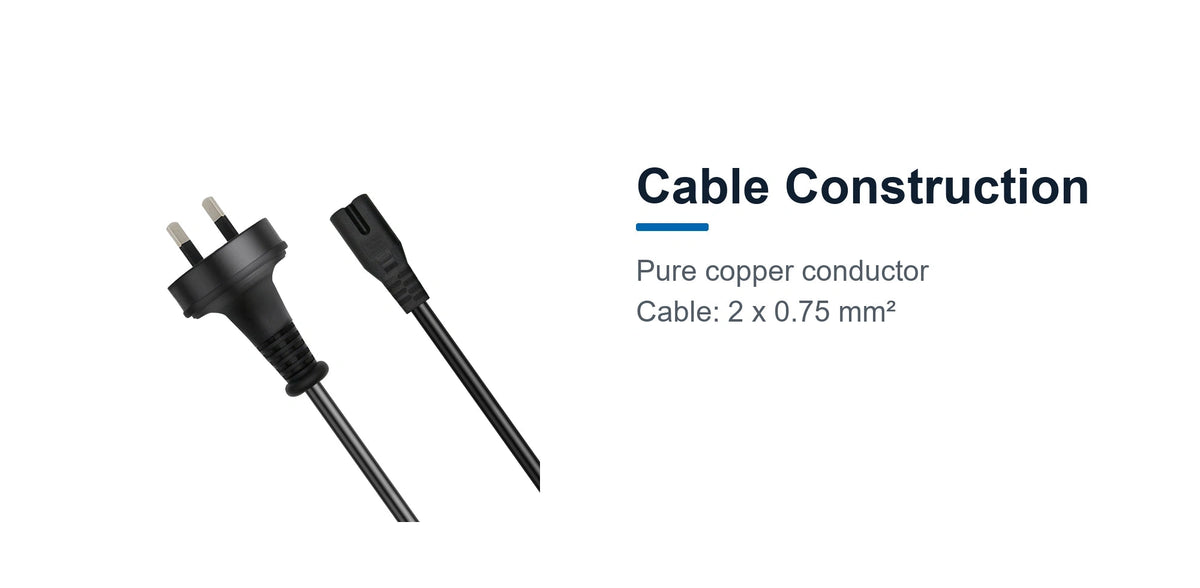 Cruxtec AU 2-Pin Male to IEC-C7 Female Power Cable (2m) cable construction detail image with pure copper conductor and 2 x 0.75 mm2 cable