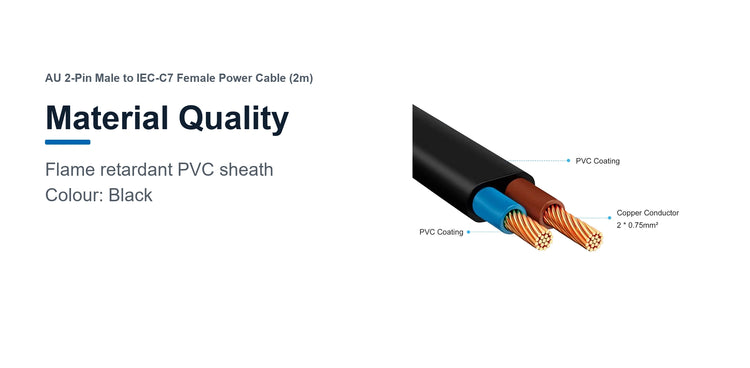 Cruxtec AU 2-Pin Male to IEC-C7 Female Power Cable (2m) material quality detail image with black flame retardant PVC sheath