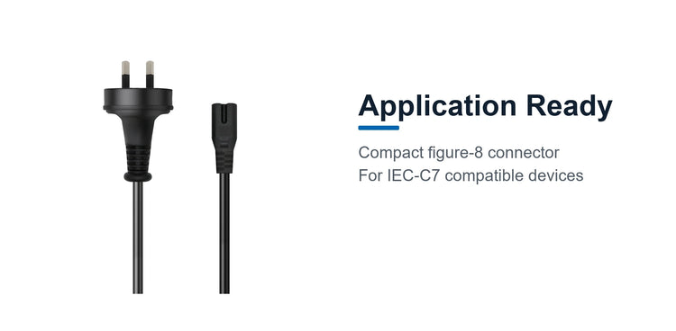 Cruxtec AU 2-Pin Male to IEC-C7 Female Power Cable (2m) application ready detail image for IEC-C7 compatible devices