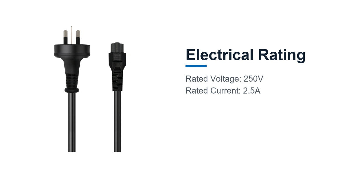 Cruxtec AU 3-Pin Male to IEC-C5 Female Power Cable (1m) electrical rating detail image with 250V 2.5A product information