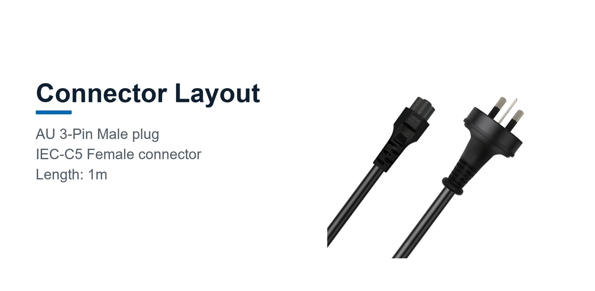 Cruxtec AU 3-Pin Male to IEC-C5 Female Power Cable (1m) connector layout detail image with AU 3-Pin and IEC-C5 female ends