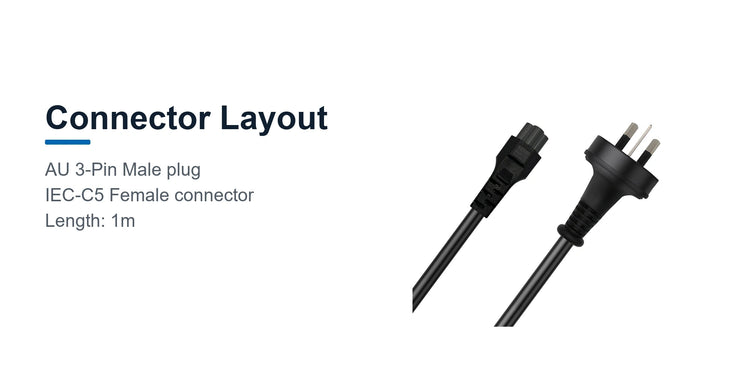 Cruxtec AU 3-Pin Male to IEC-C5 Female Power Cable (1m) connector layout detail image with AU 3-Pin and IEC-C5 female ends