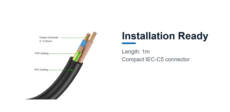 Cruxtec AU 3-Pin Male to IEC-C5 Female Power Cable (1m) installation ready detail image with 1m cable length and IEC-C5 connector