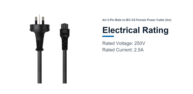 Cruxtec AU 3-Pin Male to IEC-C5 Female Power Cable (2m) electrical rating detail image with 250V 2.5A product information