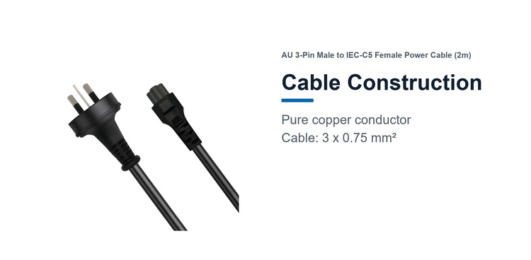 Cruxtec AU 3-Pin Male to IEC-C5 Female Power Cable (2m) cable construction detail image with pure copper conductor and 3 x 0.75 mm2 cable