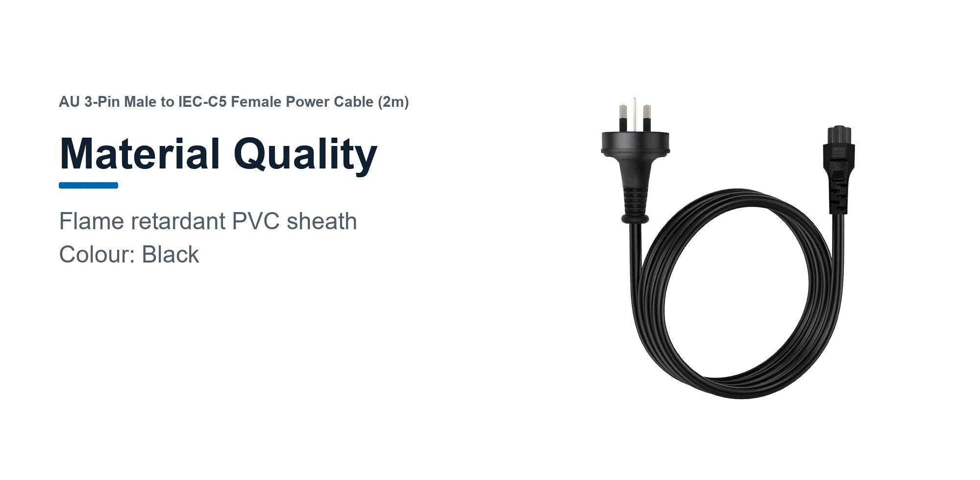 Cruxtec AU 3-Pin Male to IEC-C5 Female Power Cable (2m) material quality detail image with black flame retardant PVC sheath