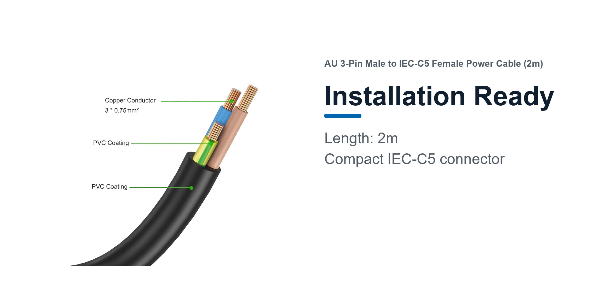Cruxtec AU 3-Pin Male to IEC-C5 Female Power Cable (2m) installation ready detail image with 2m cable length and IEC-C5 connector