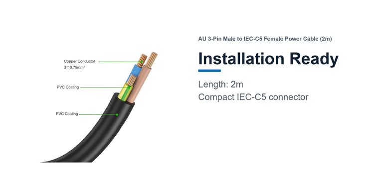 Cruxtec AU 3-Pin Male to IEC-C5 Female Power Cable (2m) installation ready detail image with 2m cable length and IEC-C5 connector