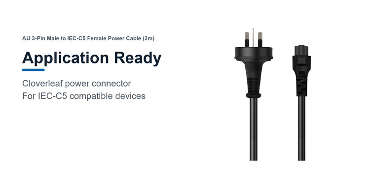 Cruxtec AU 3-Pin Male to IEC-C5 Female Power Cable (2m) application ready detail image for IEC-C5 compatible devices