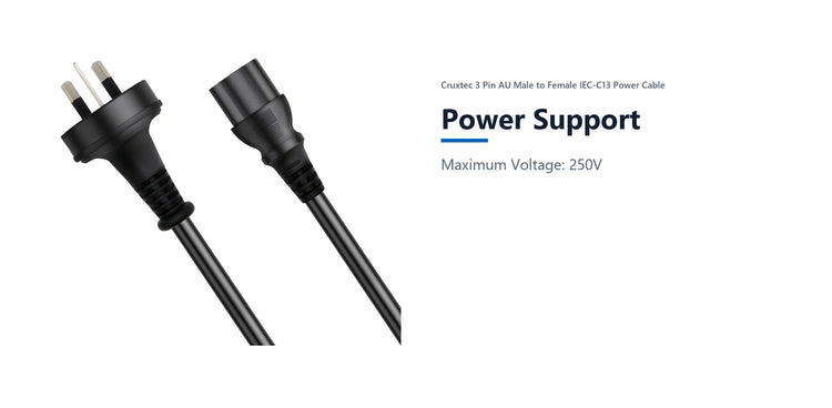 Cruxtec AU 3-Pin Male to IEC-C13 Female Power Cable (2m) power support detail image with verified product information