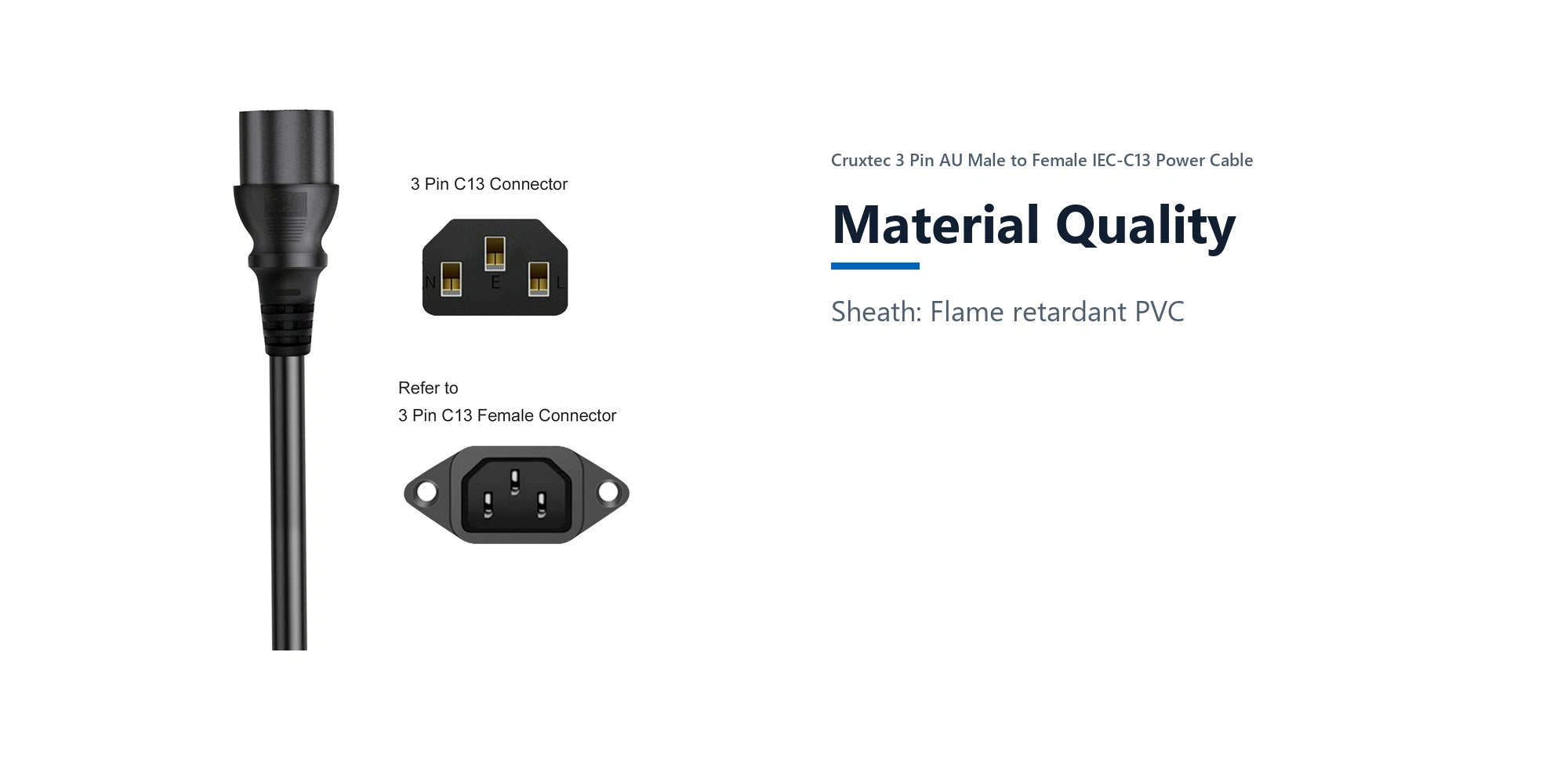 Cruxtec AU 3-Pin Male to IEC-C13 Female Power Cable (2m) material quality detail image with verified product information