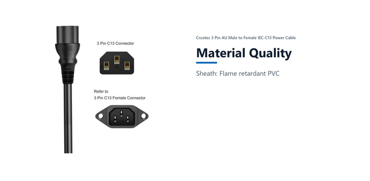 Cruxtec AU 3-Pin Male to IEC-C13 Female Power Cable (2m) material quality detail image with verified product information