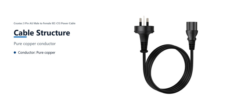 Cruxtec AU 3-Pin Male to IEC-C13 Female Power Cable (3m) cable structure detail image with verified product information