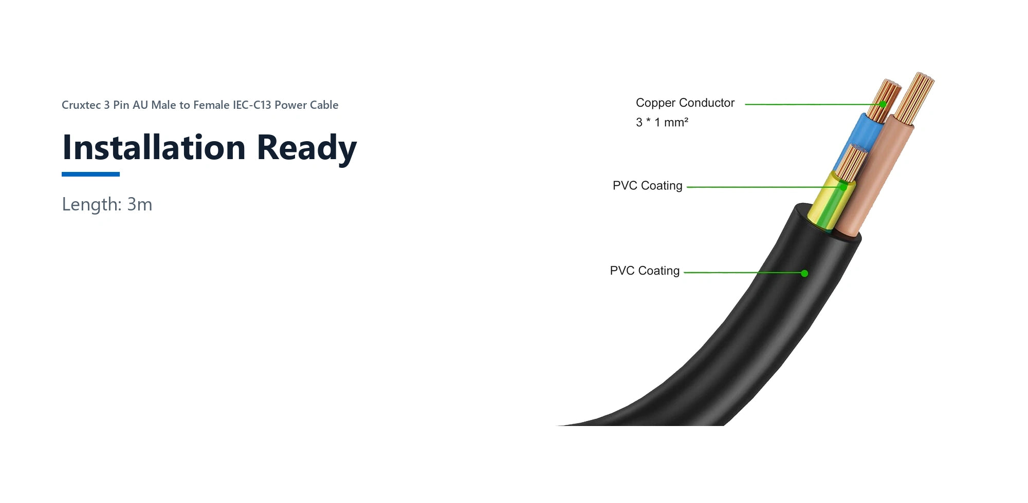Cruxtec AU 3-Pin Male to IEC-C13 Female Power Cable (3m) installation ready detail image with verified product information