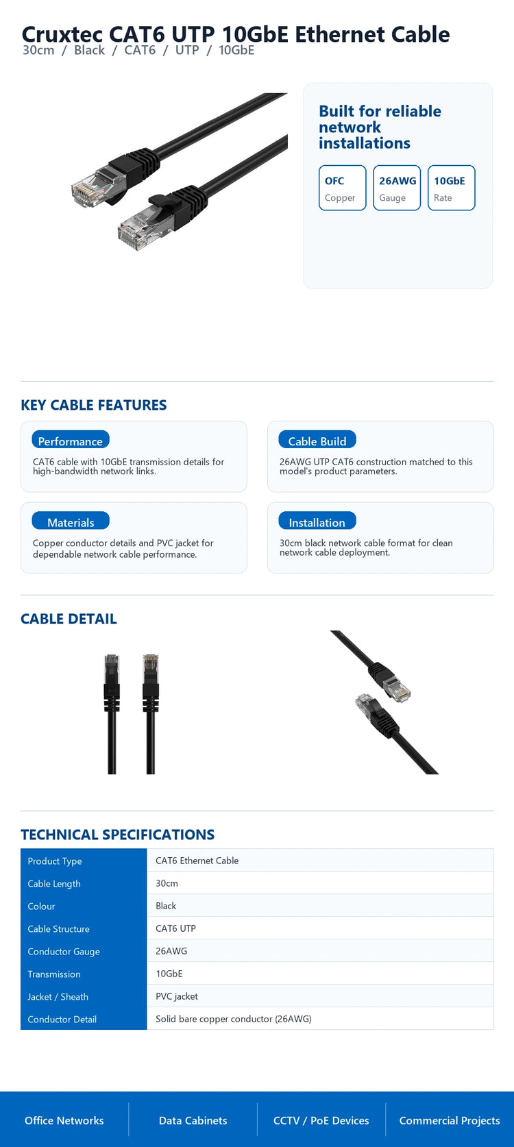 Cruxtec CAT6 UTP 10GbE Ethernet Cable (Black 30cm) technical infographic with verified network cable specifications