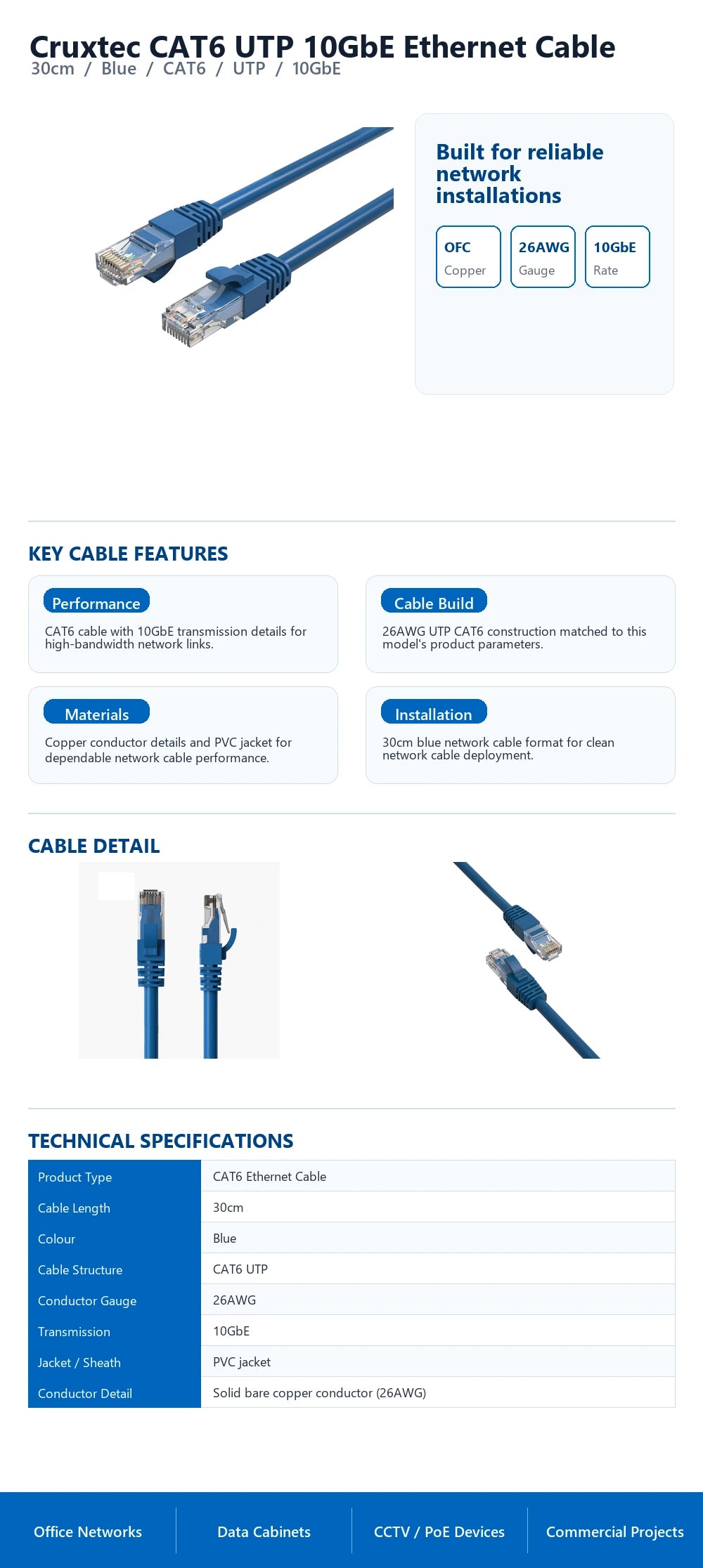 Cruxtec CAT6 UTP 10GbE Ethernet Cable (Blue 30cm) technical infographic with verified network cable specifications