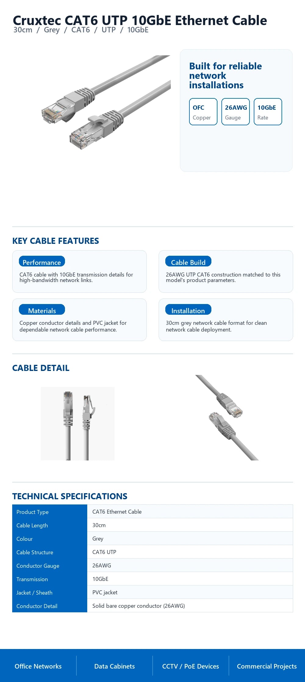 Cruxtec CAT6 UTP 10GbE Ethernet Cable (Grey 30cm) technical infographic with verified network cable specifications