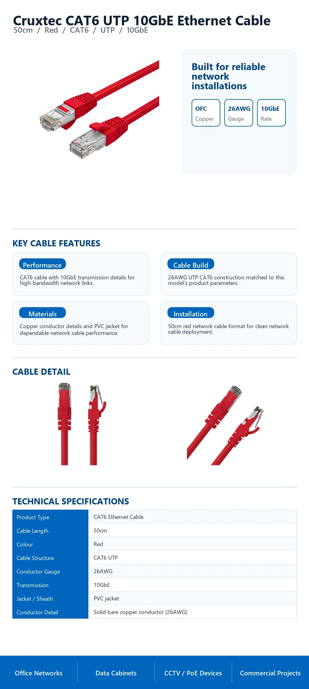 Cruxtec CAT6 UTP 10GbE Ethernet Cable (Red 50cm) technical infographic with verified network cable specifications