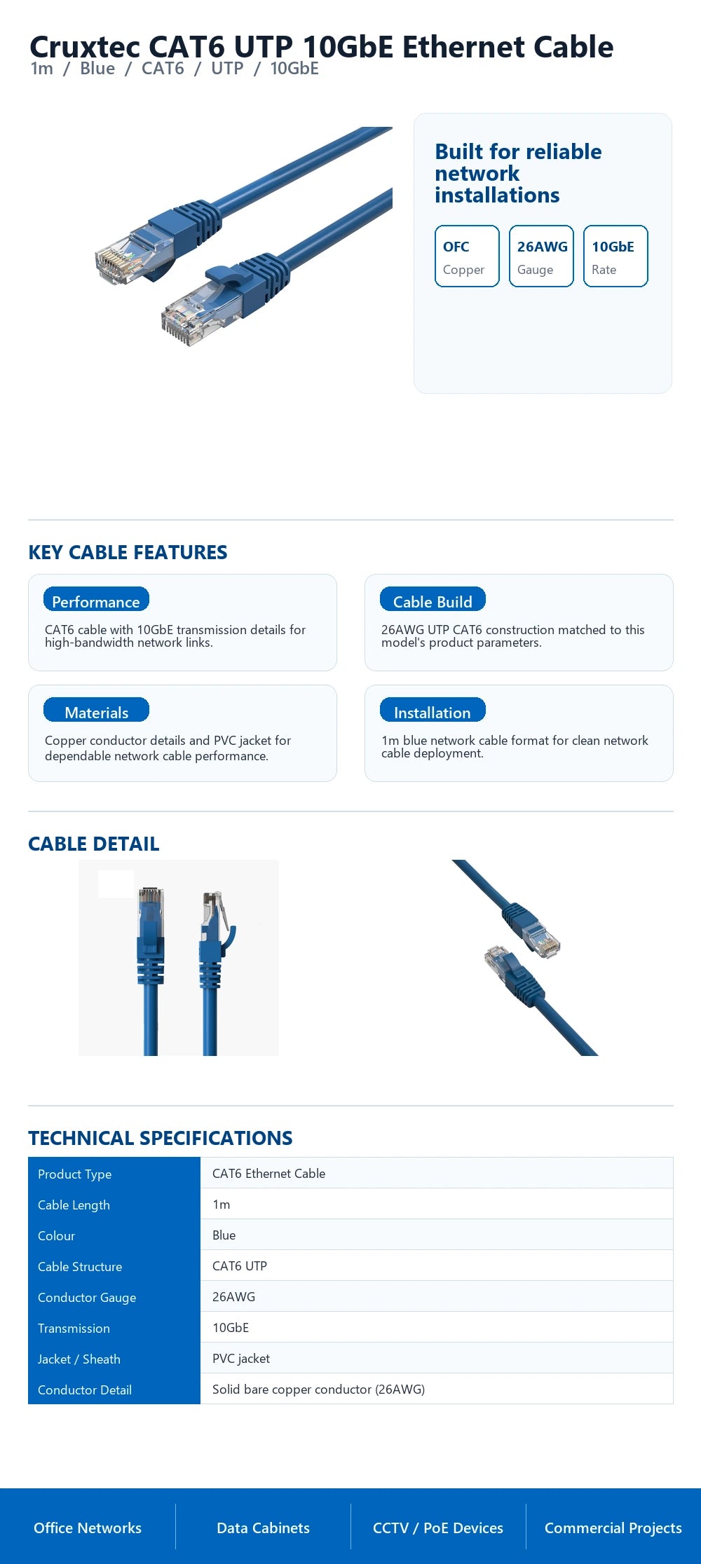Cruxtec CAT6 UTP 10GbE Ethernet Cable (Blue 1m) technical infographic with verified network cable specifications