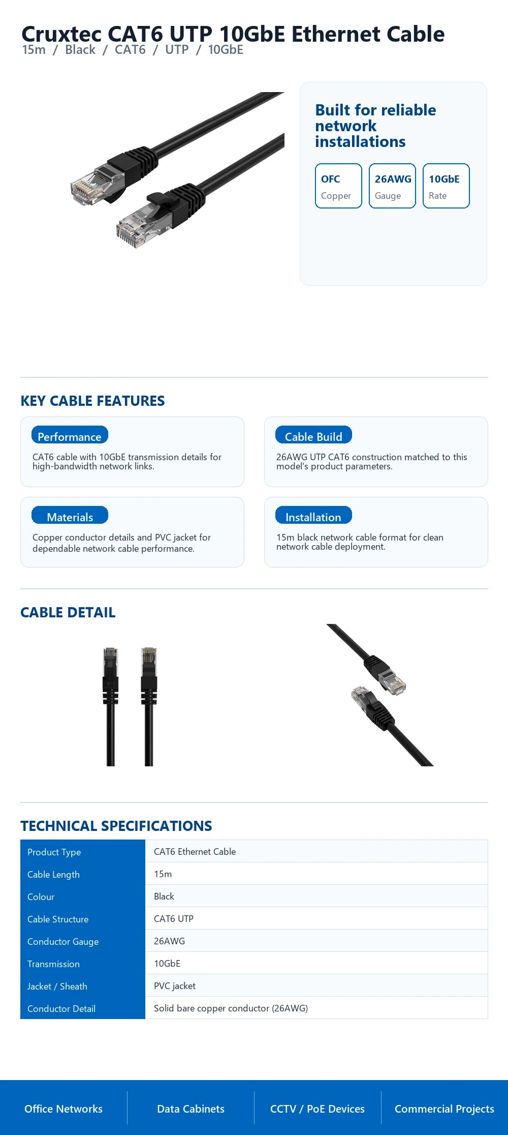 Cruxtec CAT6 UTP 10GbE Ethernet Cable (Black 15m) technical infographic with verified network cable specifications