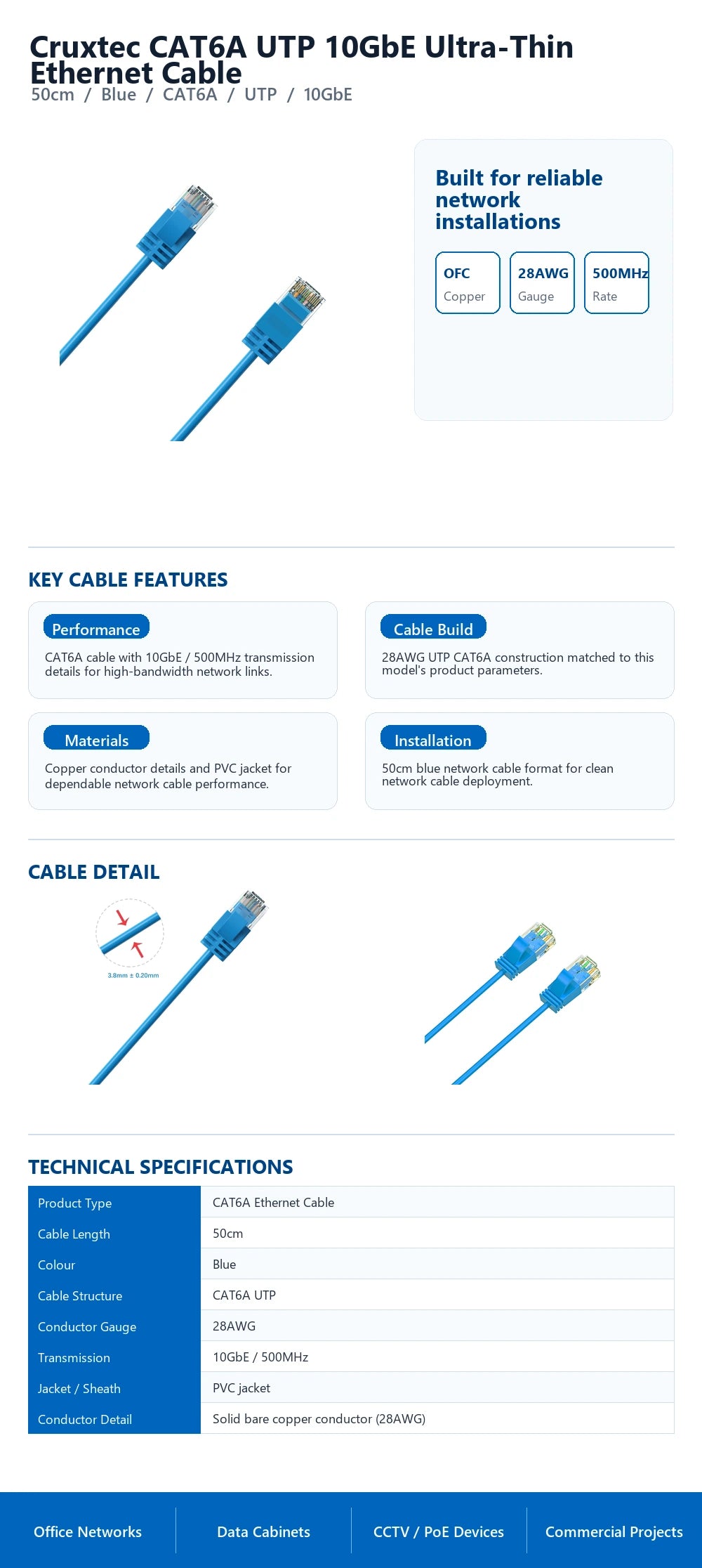 Cruxtec CAT6A UTP 10GbE Ultra-Thin Ethernet Cable (Blue 50cm) technical infographic with verified network cable specifications