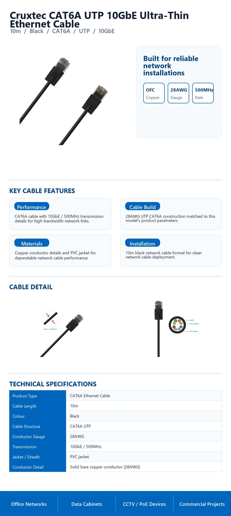 Cruxtec CAT6A UTP 10GbE Ultra-Thin Ethernet Cable (Black 10m) technical infographic with verified network cable specifications
