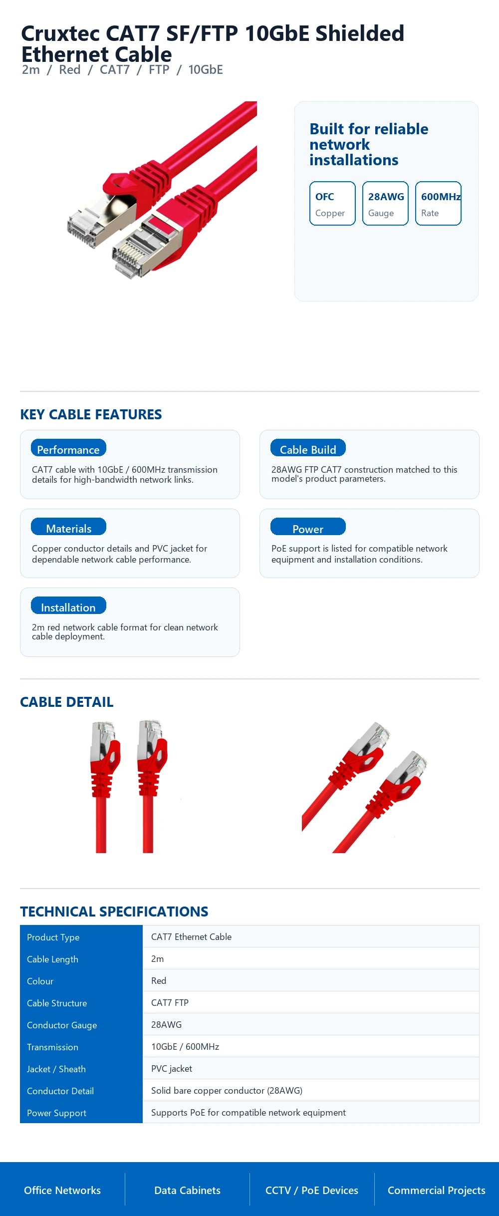 Cruxtec CAT7 SF/FTP 10GbE Shielded Ethernet Cable (Red 2m) technical infographic with verified network cable specifications