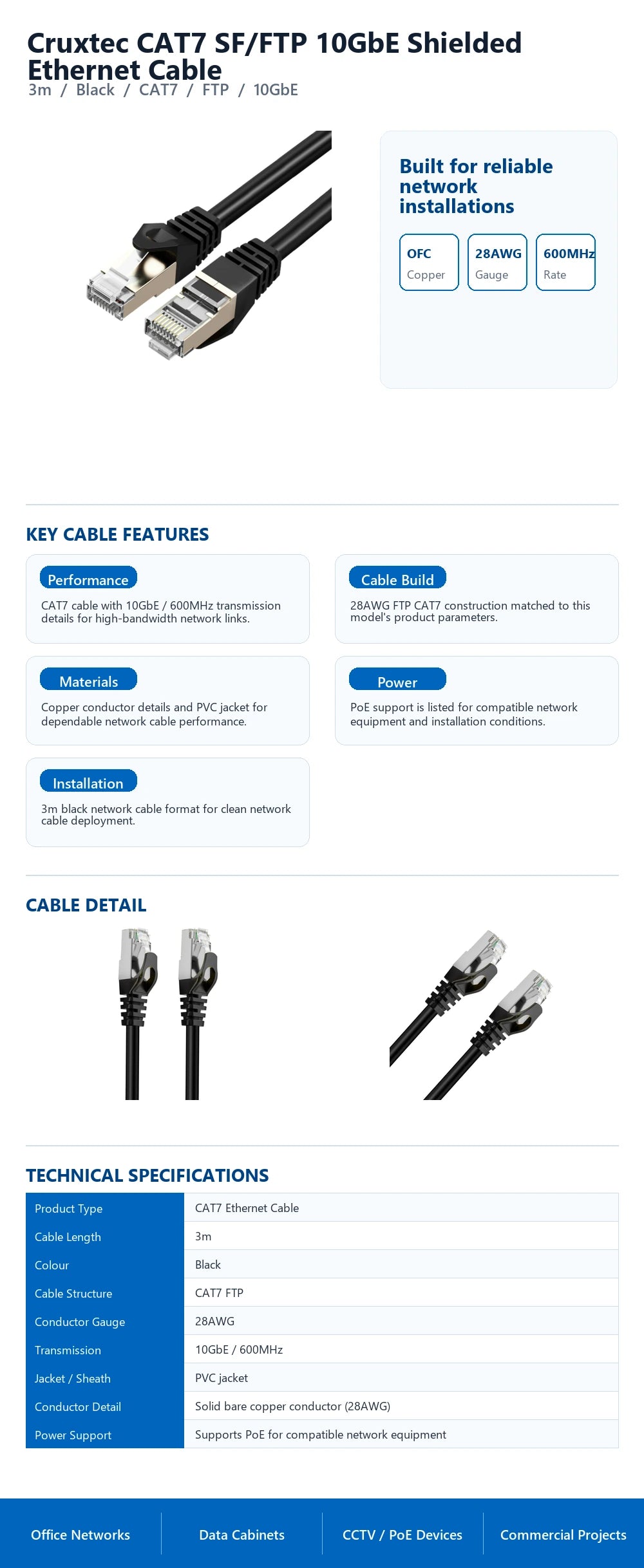 Cruxtec CAT7 SF/FTP 10GbE Shielded Ethernet Cable (Black 3m) technical infographic with verified network cable specifications