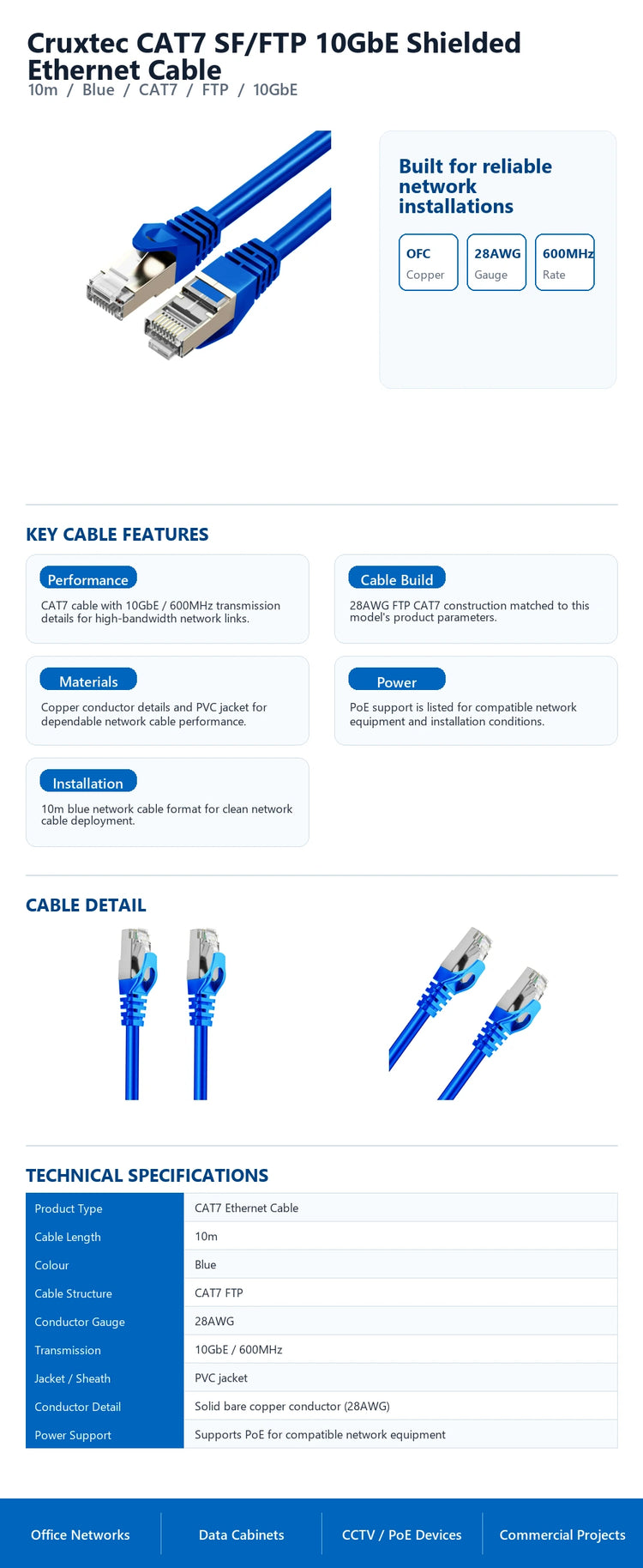 Cruxtec CAT7 SF/FTP 10GbE Shielded Ethernet Cable (Blue 10m) technical infographic with verified network cable specifications