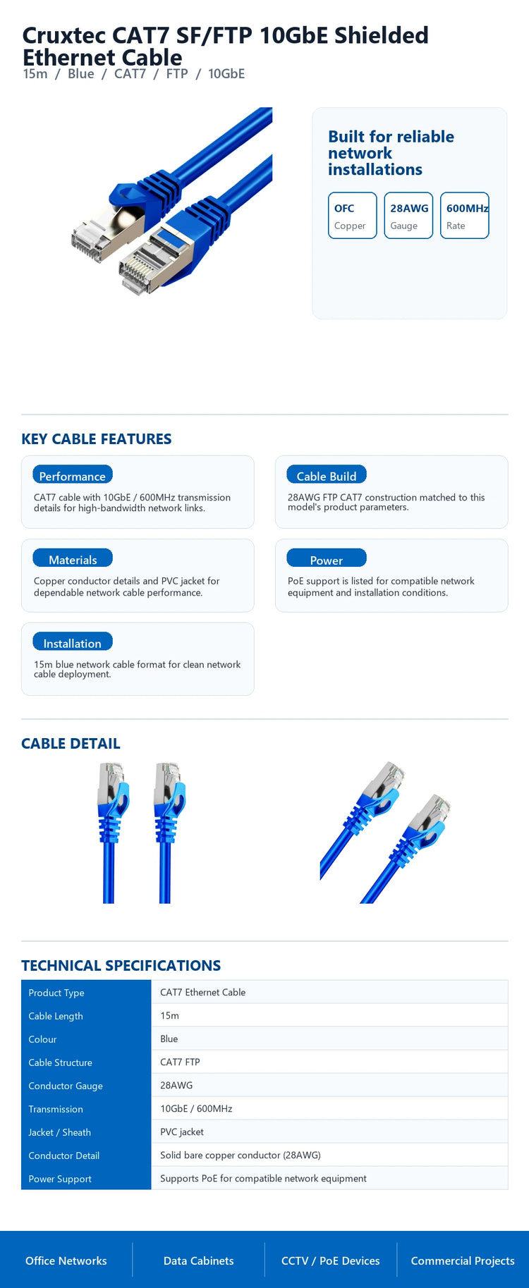 Cruxtec CAT7 SF/FTP 10GbE Shielded Ethernet Cable (Blue 15m) technical infographic with verified network cable specifications