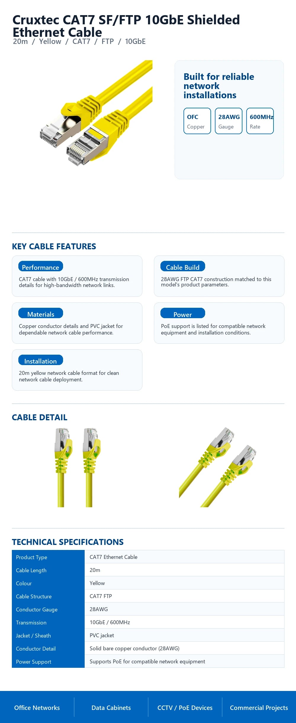 Cruxtec CAT7 SF/FTP 10GbE Shielded Ethernet Cable (Yellow 20m) technical infographic with verified network cable specifications