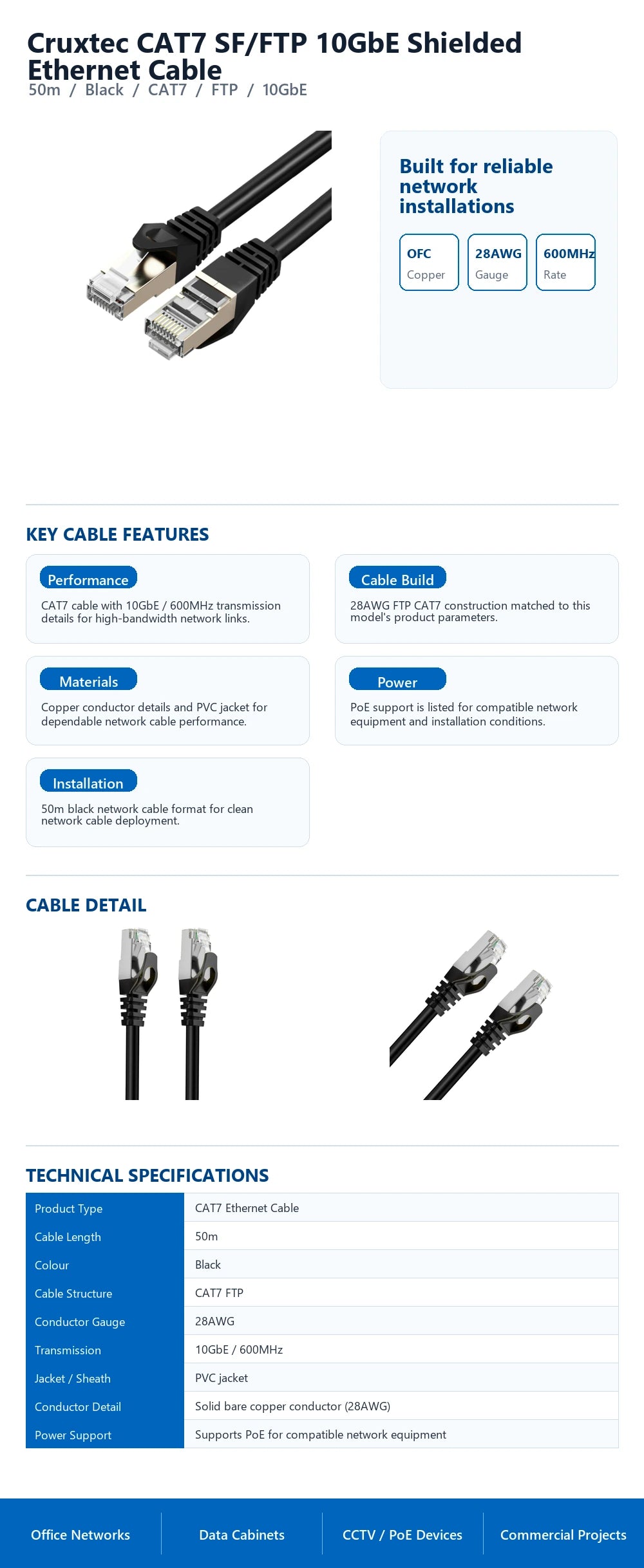Cruxtec CAT7 SF/FTP 10GbE Shielded Ethernet Cable (Black 50m) technical infographic with verified network cable specifications