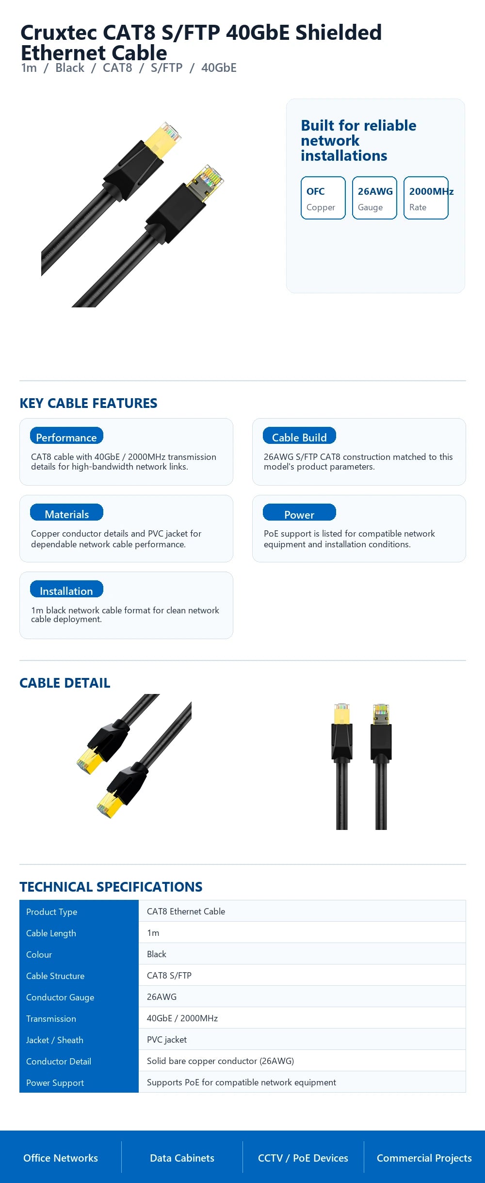 Cruxtec CAT8 S/FTP 40GbE Shielded Ethernet Cable (Black 1m) technical infographic with verified network cable specifications