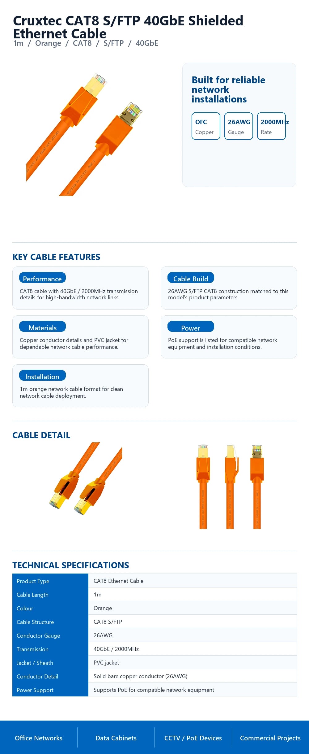 Cruxtec CAT8 S/FTP 40GbE Shielded Ethernet Cable (Orange 1m) technical infographic with verified network cable specifications