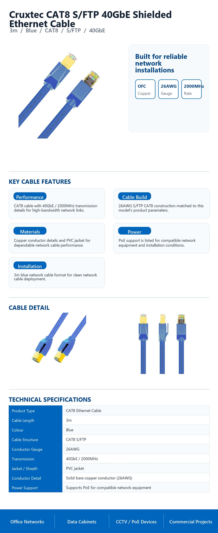 Cruxtec CAT8 S/FTP 40GbE Shielded Ethernet Cable (Blue 3m) technical infographic with verified network cable specifications