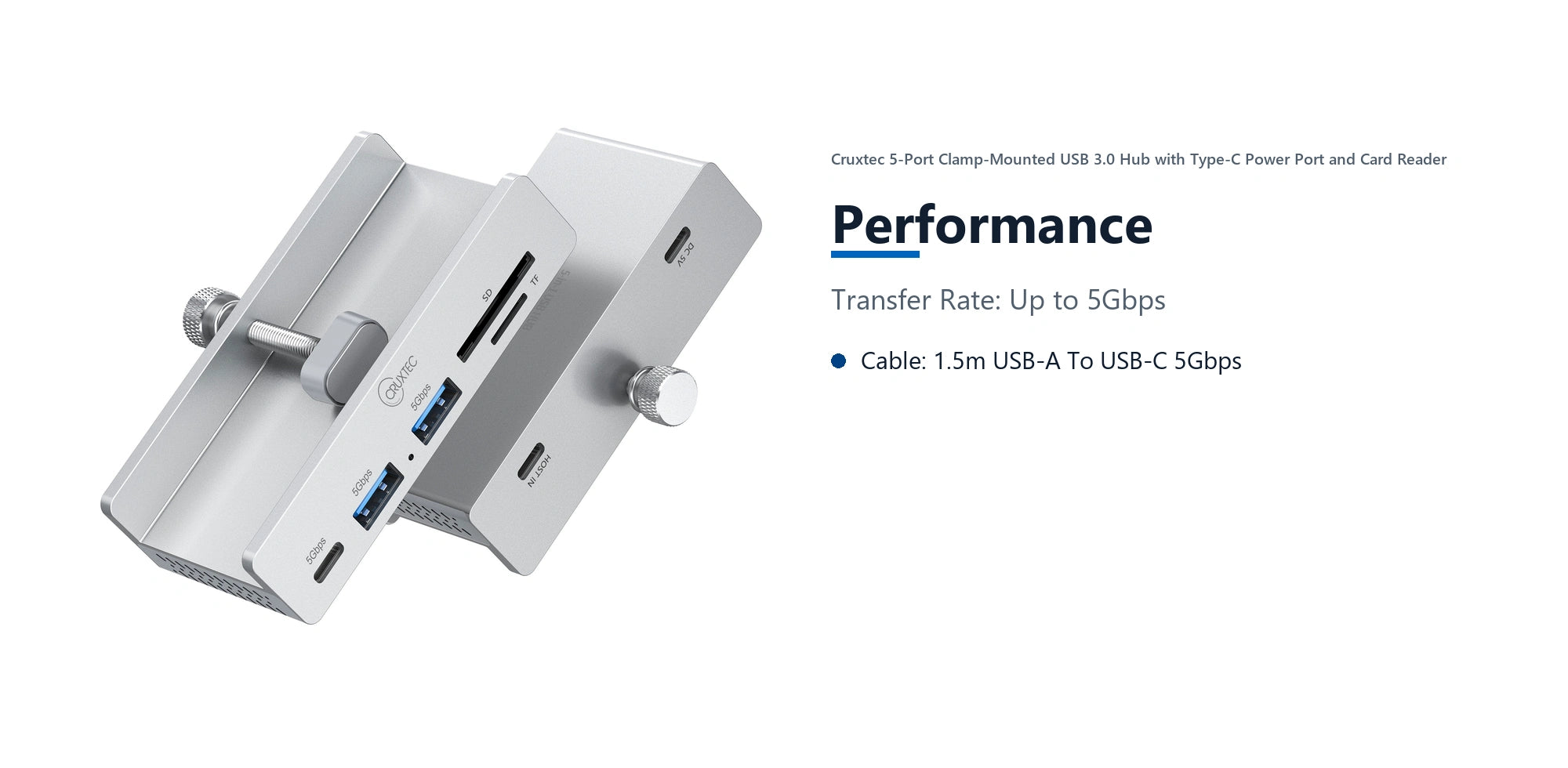 Cruxtec 5-Port Clamp-Mounted USB 3.0 Hub with Type-C Power Port and Card Reader performance detail image with verified product information