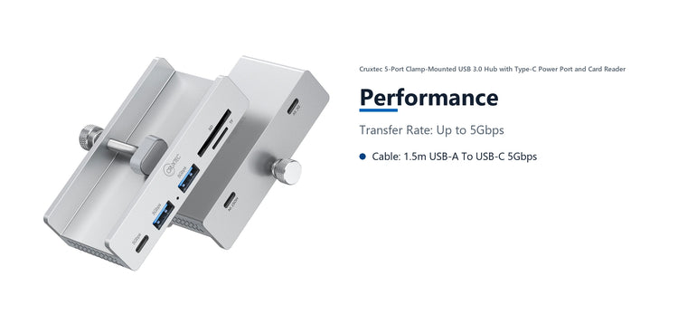 Cruxtec 5-Port Clamp-Mounted USB 3.0 Hub with Type-C Power Port and Card Reader performance detail image with verified product information