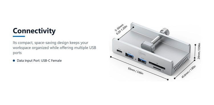 Cruxtec 5-Port Clamp-Mounted USB 3.0 Hub with Type-C Power Port and Card Reader connectivity detail image with verified product information