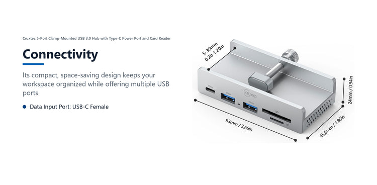 Cruxtec 5-Port Clamp-Mounted USB 3.0 Hub with Type-C Power Port and Card Reader connectivity detail image with verified product information